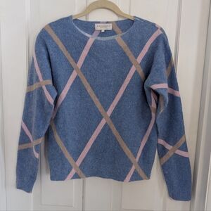 Bianco & Blu Womens Sweater LARGE‎ Preppy Wool Mohair Blend Argyle Italy Blue